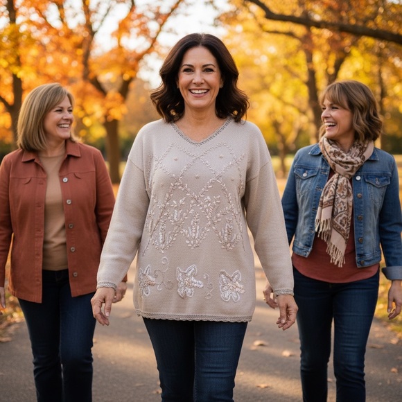 COLLEENS COLLECTABLES Sweaters - Chic Beige Embroidered V-Neck Sweater